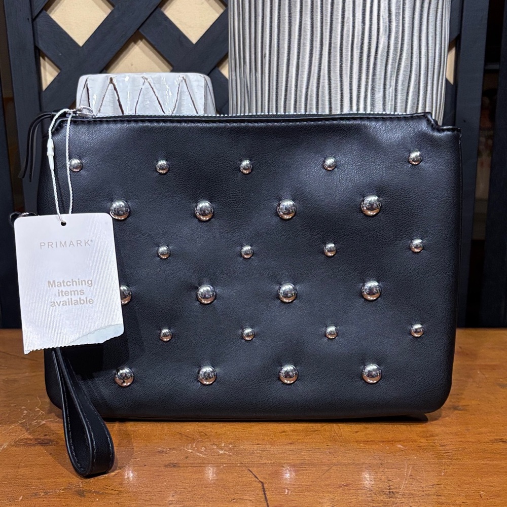 Primark Silver Studded Large Black Wristlet NWT